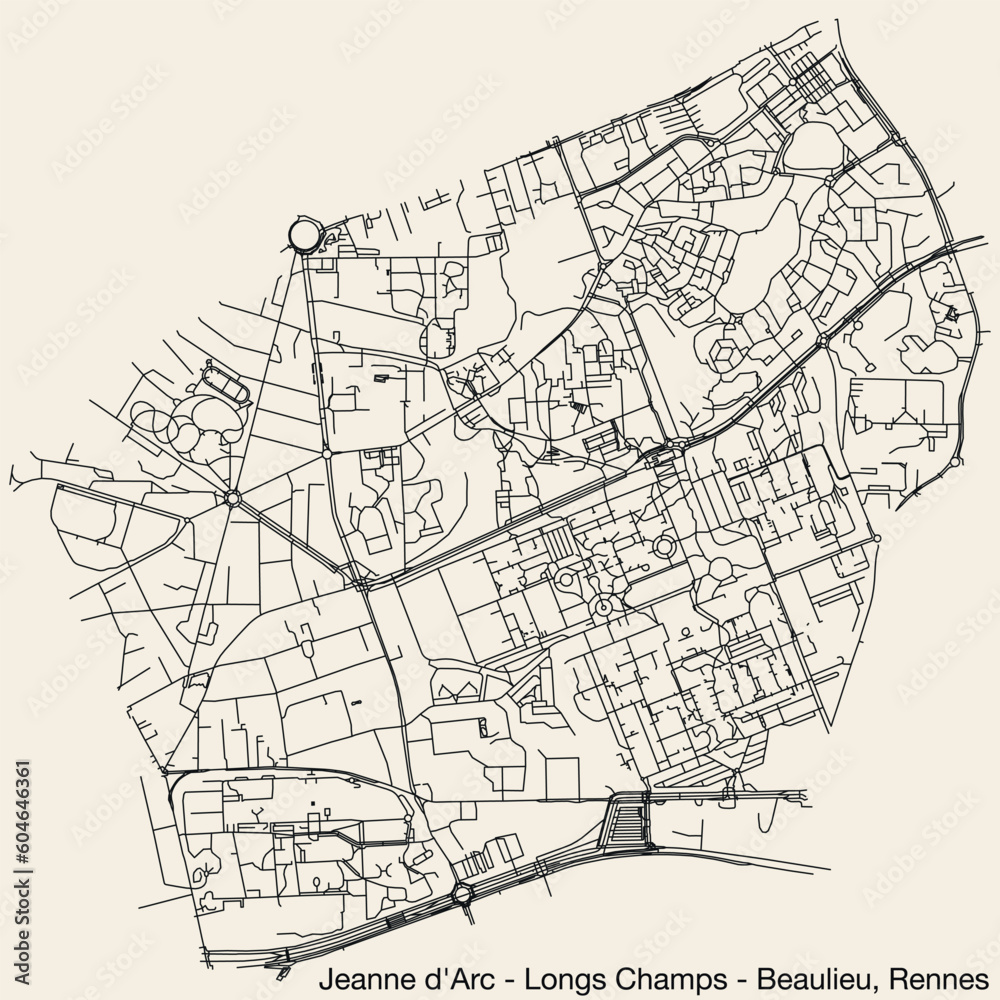 Detailed hand-drawn navigational urban street roads map of the EANNE D'ARC - LONGS-CHAMPS - ATALANTE BEAULIEU QUARTER of the French city of RENNES, France with vivid road lines and name tag on solid b