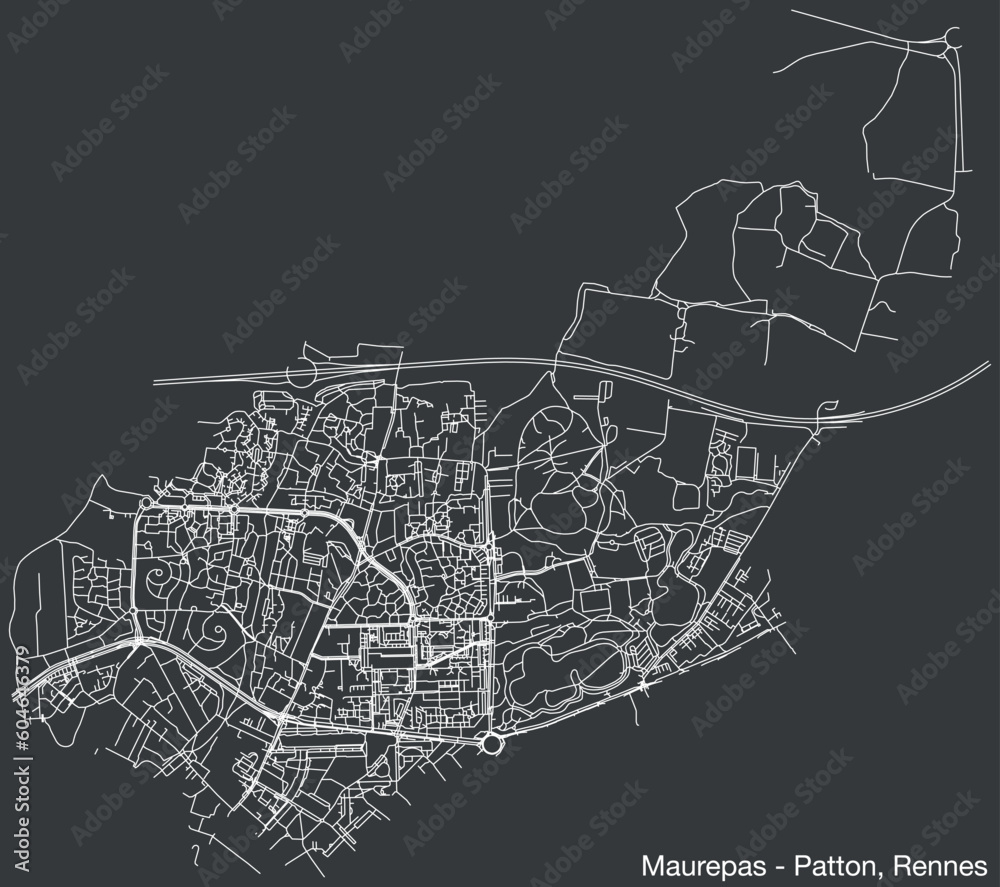 Detailed hand-drawn navigational urban street roads map of the MAUREPAS - PATTON QUARTER of the French city of RENNES, France with vivid road lines and name tag on solid background