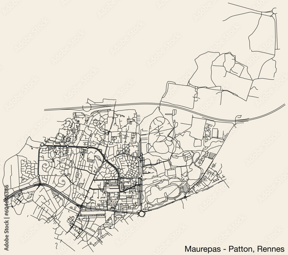 Obraz premium Detailed hand-drawn navigational urban street roads map of the MAUREPAS - PATTON QUARTER of the French city of RENNES, France with vivid road lines and name tag on solid background