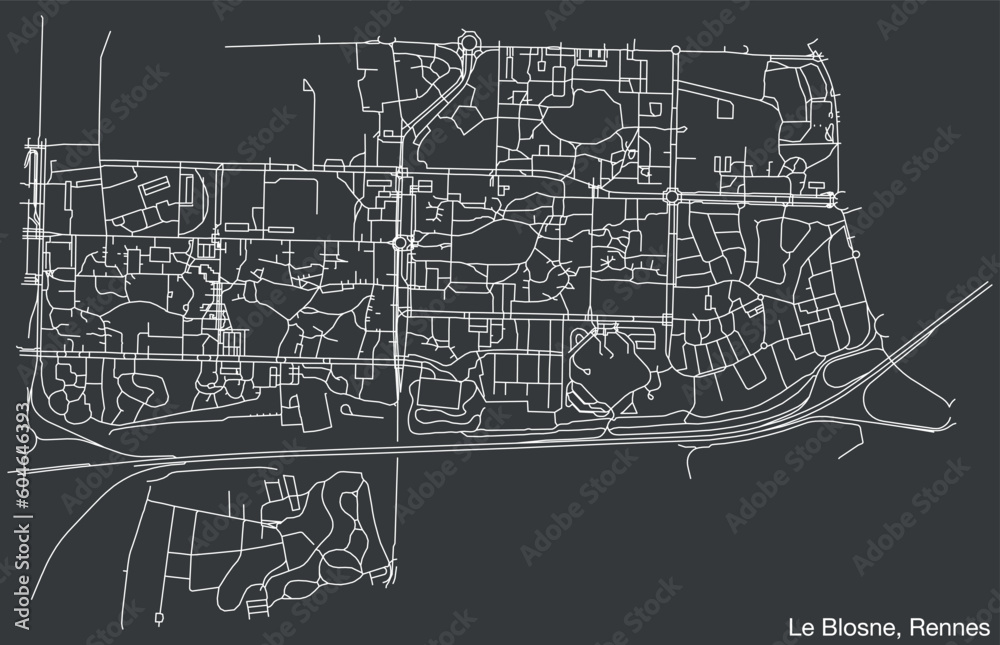 Fototapeta premium Detailed hand-drawn navigational urban street roads map of the LE BLOSNE QUARTER of the French city of RENNES, France with vivid road lines and name tag on solid background