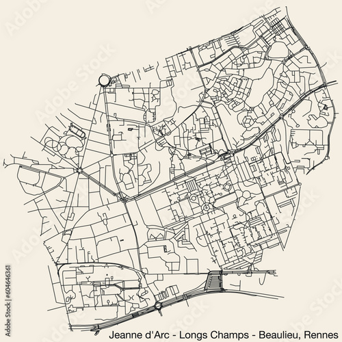 Detailed hand-drawn navigational urban street roads map of the EANNE D'ARC - LONGS-CHAMPS - ATALANTE BEAULIEU QUARTER of the French city of RENNES, France with vivid road lines and name tag on solid b
