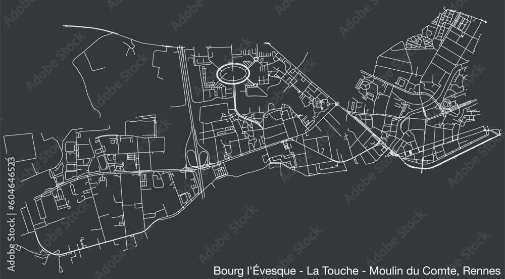 Detailed hand-drawn navigational urban street roads map of the BOURG-L'ÉVESQUE - LA TOUCHE - MOULIN DU COMTE QUARTER of the French city of RENNES, France with vivid road lines and name tag on solid ba Detailed hand-drawn navigational urban street roads map of the BOURG-L'ÉVESQUE - LA TOUCHE - MOULIN DU COMTE QUARTER of the French city of RENNES, France with vivid road lines and name tag on solid ba