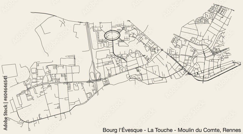 Detailed hand-drawn navigational urban street roads map of the BOURG-L'ÉVESQUE - LA TOUCHE - MOULIN DU COMTE QUARTER of the French city of RENNES, France with vivid road lines and name tag on solid ba