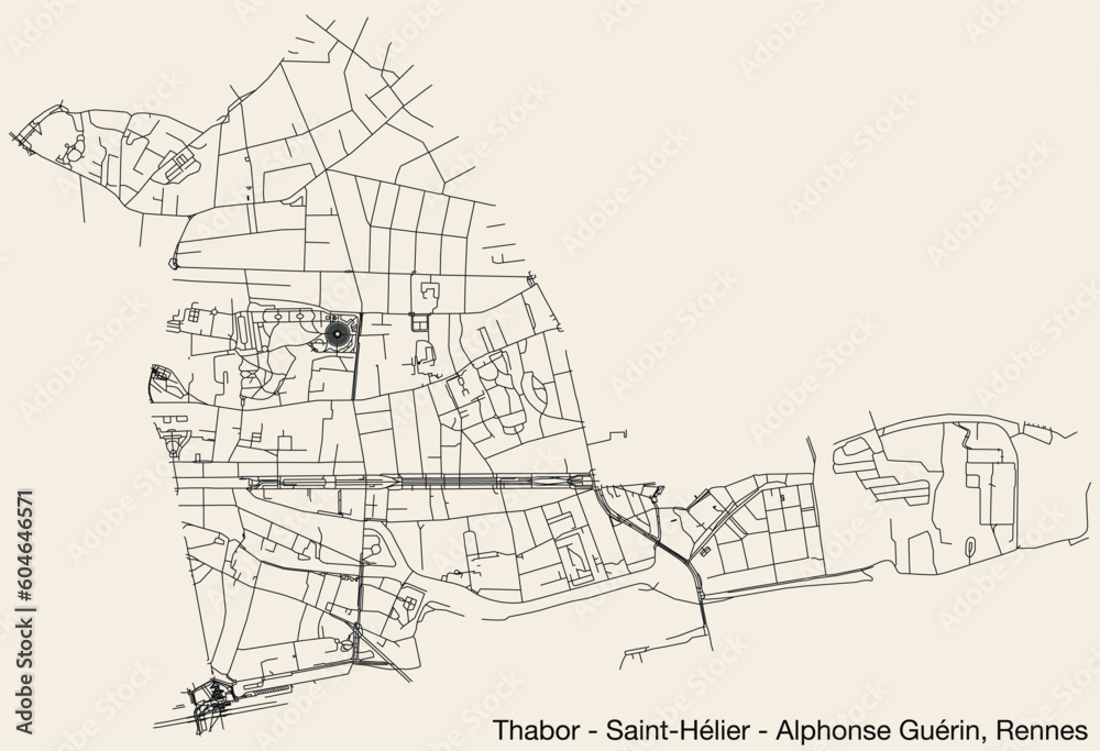Detailed hand-drawn navigational urban street roads map of the THABOR - SAINT-HÉLIER - ALPHONSE GUÉRIN QUARTER of the French city of RENNES, France with vivid road lines and name tag on solid backgrou