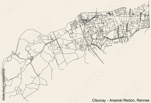 Detailed hand-drawn navigational urban street roads map of the CLEUNAY - ARSENAL-REDON QUARTER of the French city of RENNES, France with vivid road lines and name tag on solid background