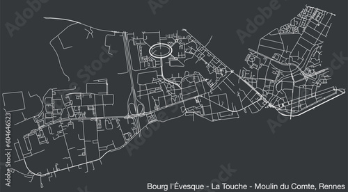 Detailed hand-drawn navigational urban street roads map of the BOURG-L'ÉVESQUE - LA TOUCHE - MOULIN DU COMTE QUARTER of the French city of RENNES, France with vivid road lines and name tag on solid ba