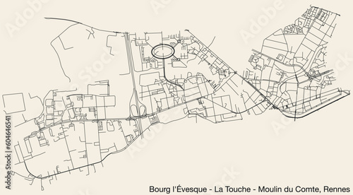 Detailed hand-drawn navigational urban street roads map of the BOURG-L'ÉVESQUE - LA TOUCHE - MOULIN DU COMTE QUARTER of the French city of RENNES, France with vivid road lines and name tag on solid ba