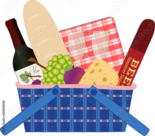blue and pink picnic basket with fruit, bread, wine, cheese, and summer sausage