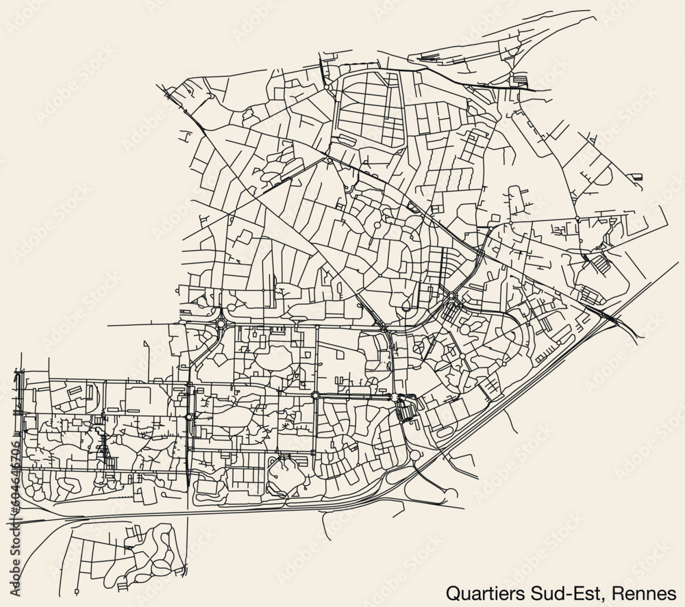 Detailed hand-drawn navigational urban street roads map of the QUARTIERS SUD-EST QUARTER of the French city of RENNES, France with vivid road lines and name tag on solid background