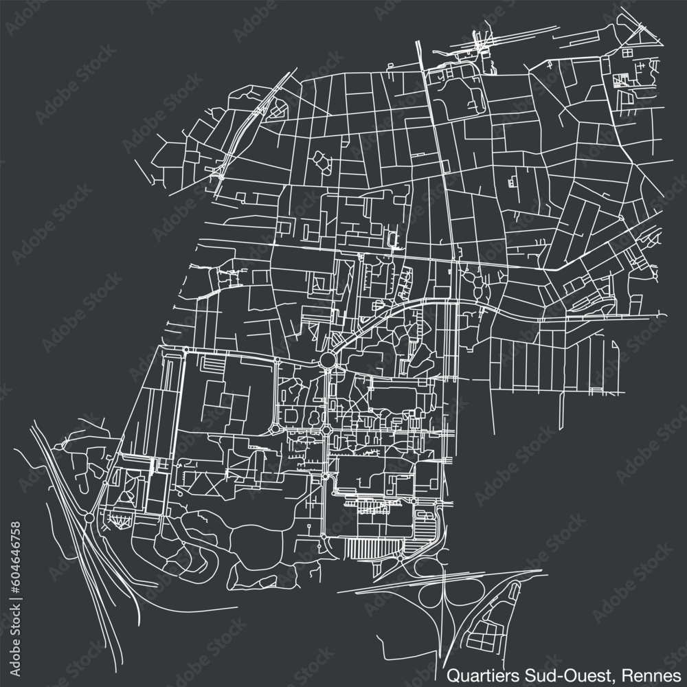 Detailed hand-drawn navigational urban street roads map of the QUARTIERS SUD-OUEST QUARTER of the French city of RENNES, France with vivid road lines and name tag on solid background