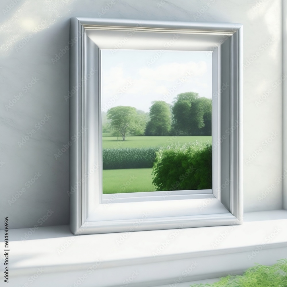A single empty frame in a glossy white finish, leaning against a warm-toned coral wall in a room with warm-toned walls A single empty frame in a glossy white finish, leaning against a warm-toned coral wall in a room with warm-toned walls