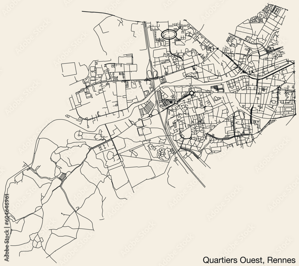 Detailed hand-drawn navigational urban street roads map of the QUARTIERS OUEST QUARTER of the French city of RENNES, France with vivid road lines and name tag on solid background