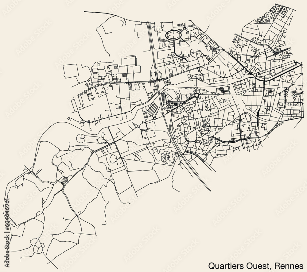 Naklejka premium Detailed hand-drawn navigational urban street roads map of the QUARTIERS OUEST QUARTER of the French city of RENNES, France with vivid road lines and name tag on solid background