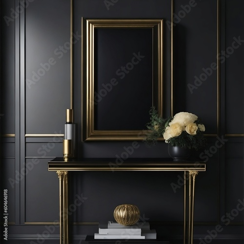 A single empty frame with a luxurious gold finish sits on a dark wooden console table in front of a textured charcoal wall.

