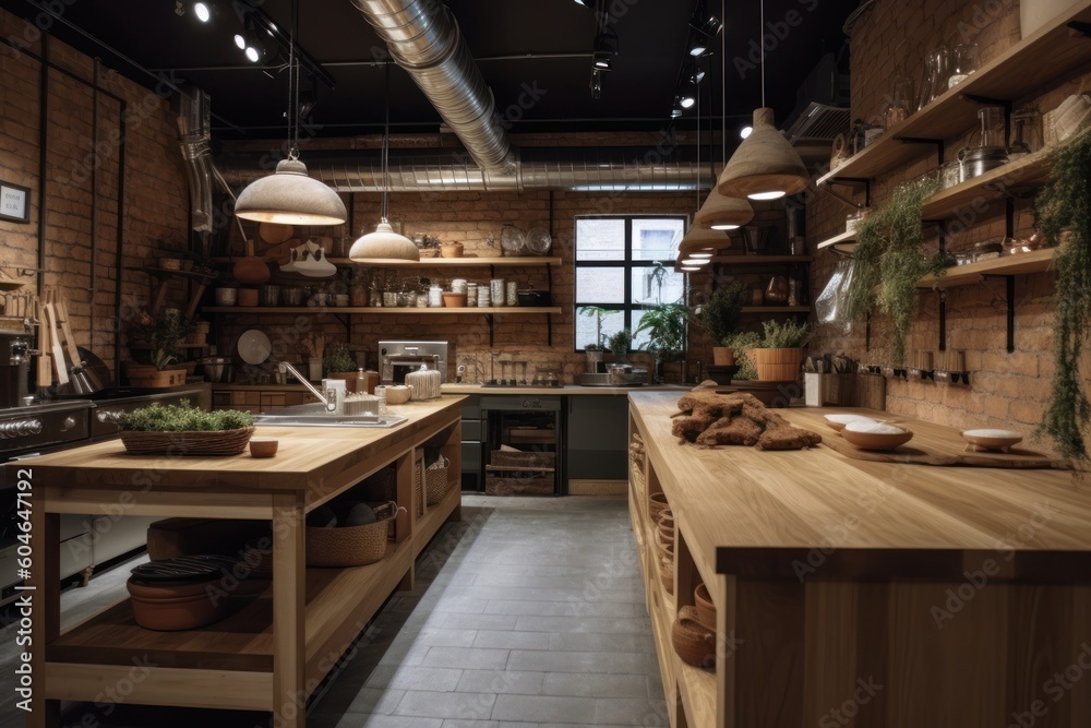 Generative AI nature and simplistic kitchen in the bread shop open space