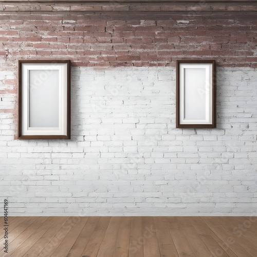 Two empty frames with different sizes and finishes are hung on an angled concrete wall with exposed brick on a warm-toned hardwood floor.