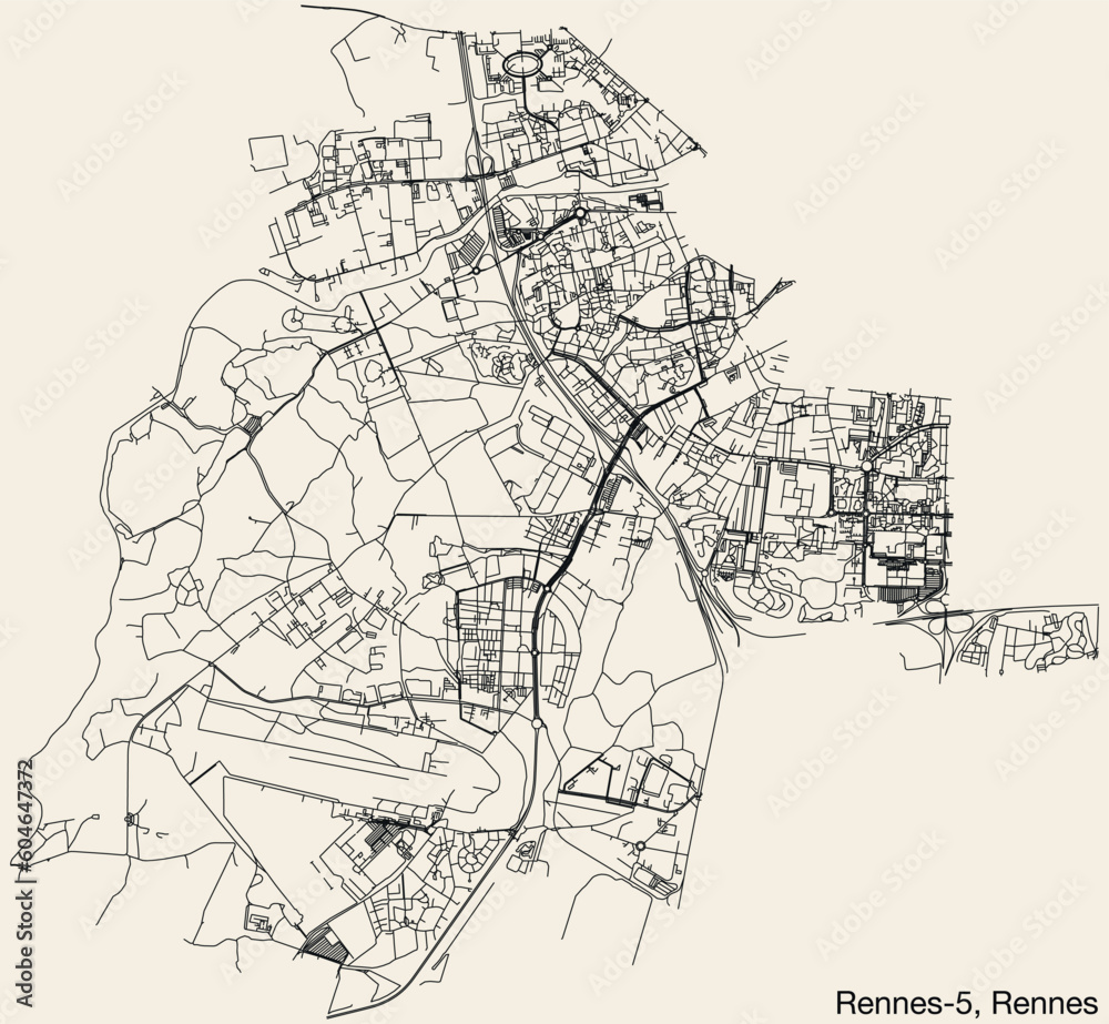 Detailed hand-drawn navigational urban street roads map of the RENNES-5 CANTON of the French city of RENNES, France with vivid road lines and name tag on solid background