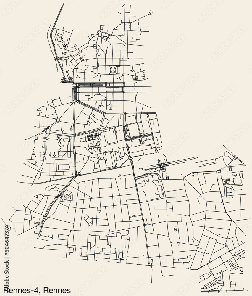 Detailed hand-drawn navigational urban street roads map of the RENNES-4 CANTON of the French city of RENNES, France with vivid road lines and name tag on solid background