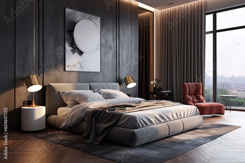 AI generated wide angle view of modern apartment bedroom photo