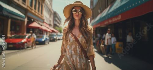 woman walking on the street in a summer day. Fashion concept. Image Generative AI