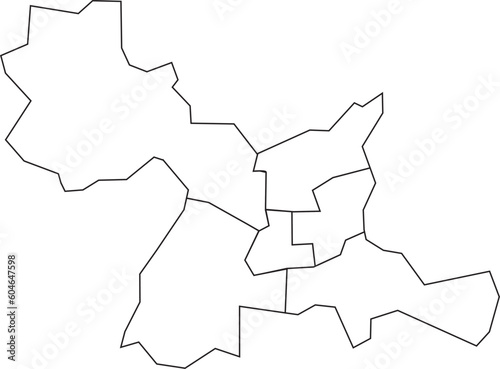 White flat vector administrative map of RENNES, FRANCE with black border lines of its cantons