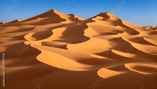 Sand dunes in desert landscape. Aerial view of the dunes. Beautiful sand dunes in the Sahara desert. Generative AI