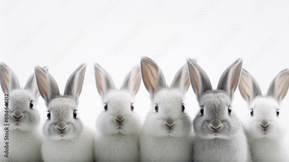 Fototapeta premium Groupe de lapins, blanc et gris, alignés, fond blanc