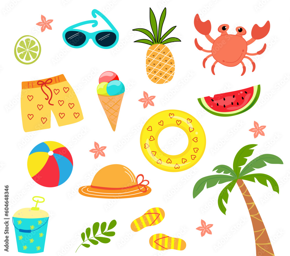 Summer set, cartoon hand drawn elements, summer flat icons. Beach, tropical palm tree, fruits, pineapple, watermelon, ice cream, boll, crab Summertime beach concept. Summer set, cartoon hand drawn elements, summer flat icons. Beach, tropical palm tree, fruits, pineapple, watermelon, ice cream, boll, crab Summertime beach concept.