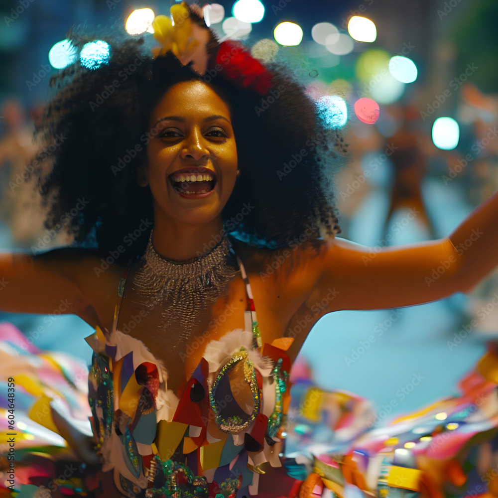 Obraz premium A beautiful woman dancing with joy at the Rio Carnival, generative ai
