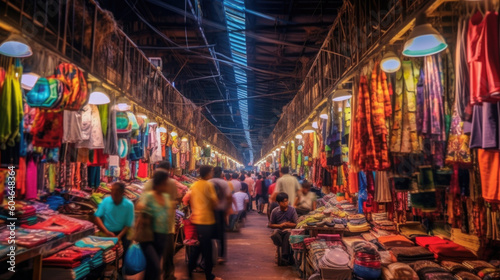 A bustling marketplace filled with colorful stalls and busy shoppers