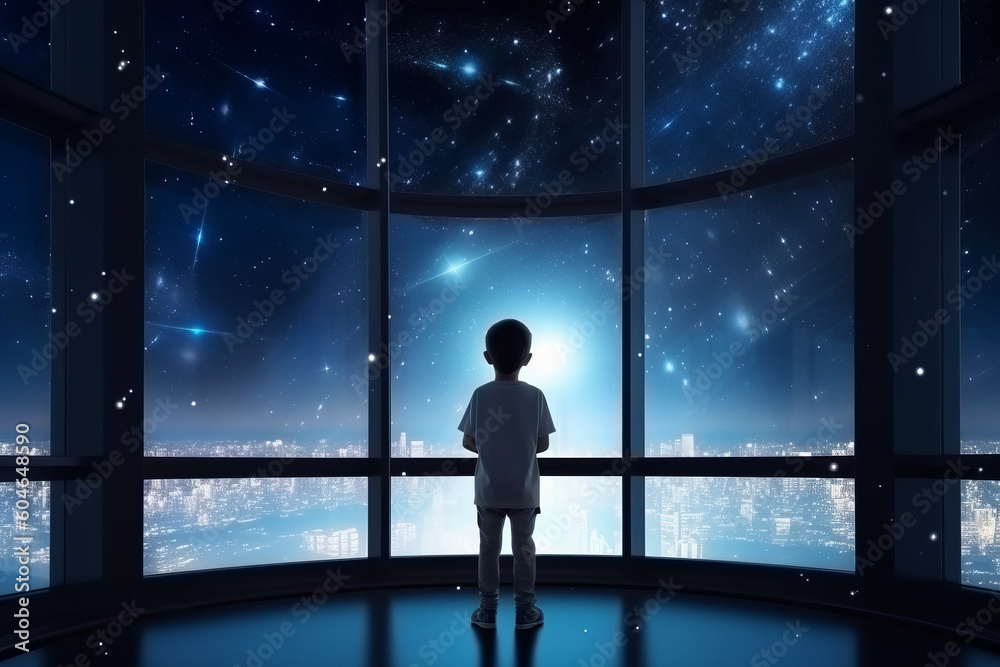 Child look at the universe through the panoramic window of spaceship, created with Generative AI Technology
