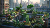 An eco-friendly city of the future. Skyscrapers are covered in greenery