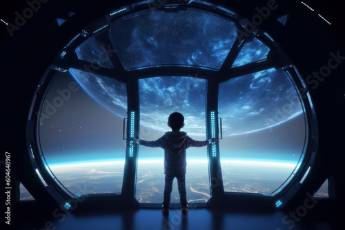 Children look at the planet through the panoramic window of spaceship, created with Generative AI Technology