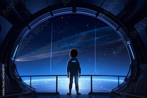Children look at the comet through the panoramic window of spaceship  created with Generative AI Technology