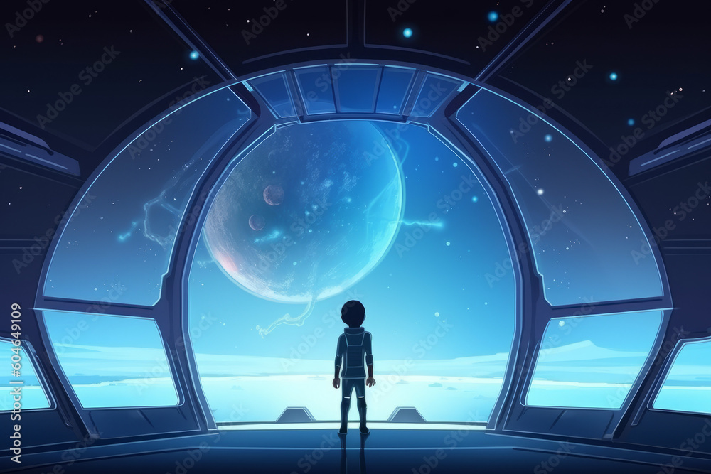 Children look at the Earth through the panoramic window of spaceship, created with Generative AI Technology