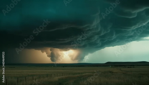 Dramatic sky over rural meadow, ominous storm cloud brings danger generated by AI