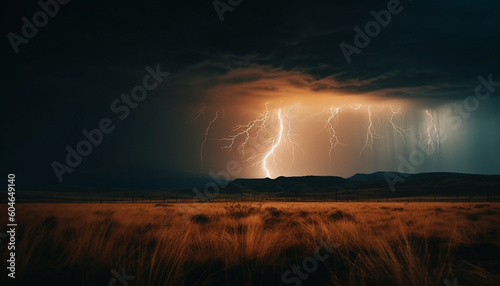Dramatic sky, forked lightning, danger nature power supply in motion generated by AI