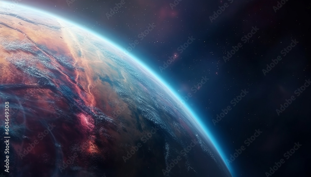 The glowing sphere orbits the blue planet in the stratosphere generated by AI The glowing sphere orbits the blue planet in the stratosphere generated by AI
