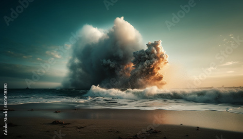 Dramatic sky explodes over crashing waves, reflecting beauty in nature generated by AI