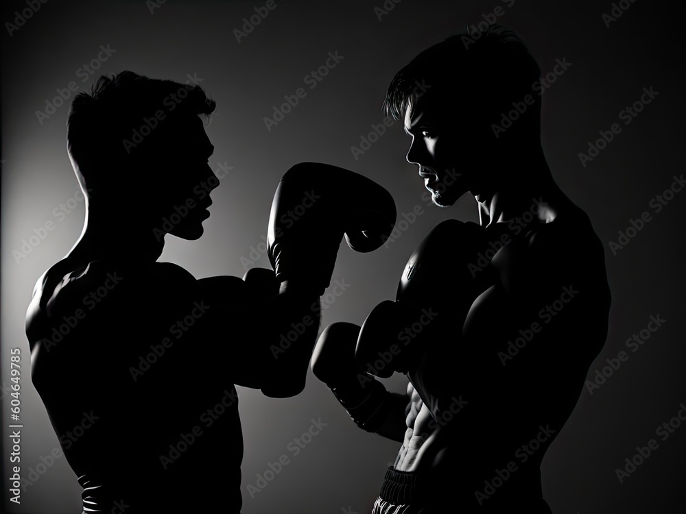 two young boxers training in the gym on black background. ai generative