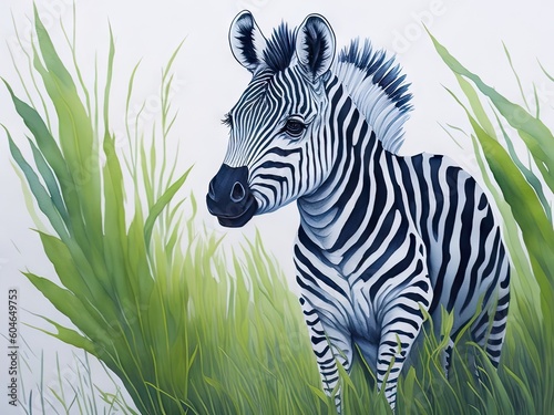 Watercolor painting of a cute baby zebra on white background. ai generative