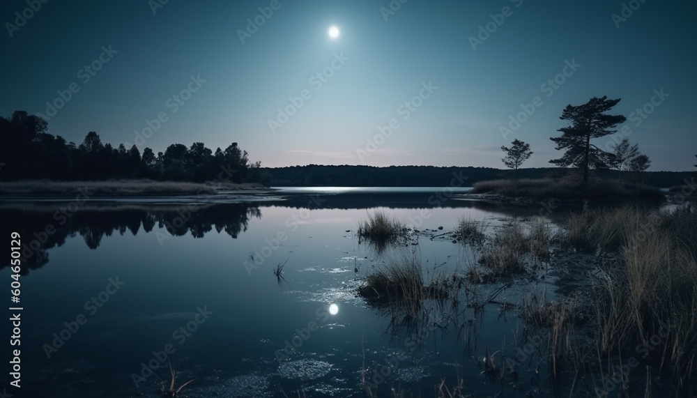 Fototapeta premium Silhouette of pine tree back lit by sunset over water generated by AI