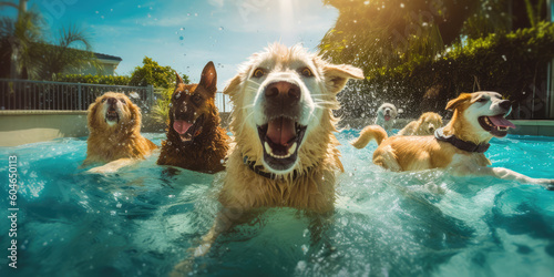 Dogs splashing in the pool at a doggy pool party by generative AI