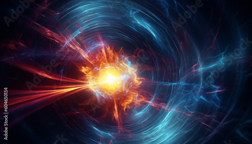 Futuristic galaxy explodes in a bright  multi colored  electric wave generated by AI