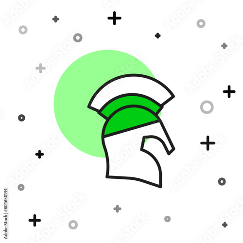 Filled outline Greek helmet icon isolated on white background. Antiques helmet for head protection soldiers with a crest of feathers or horsehair. Vector