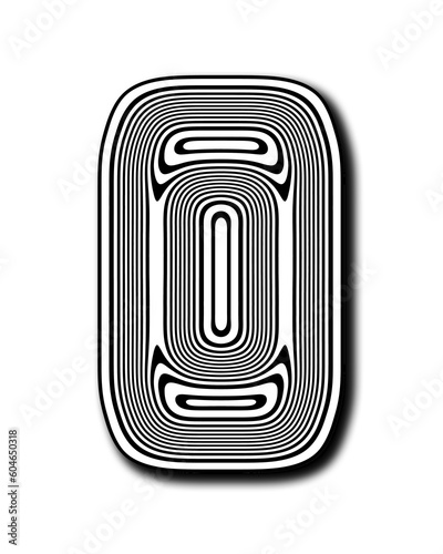 Digit zero with design Lines in black and shadow on white background