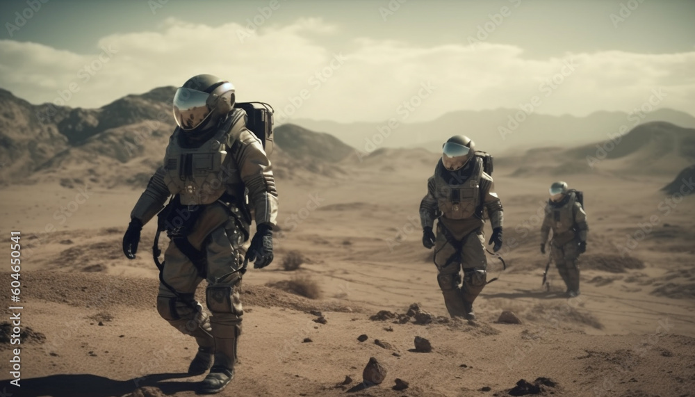 Men in uniform hike through dangerous mountain terrain with rifles generated by AI