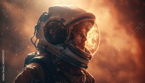 The military astronaut wore protective mask and eyewear in space generated by AI