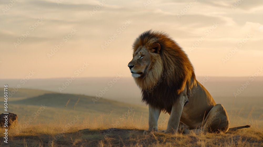 Animal Power - Creative and wonderful full body picture of a male lion sitting in the steppes of Africa that is as true to the original and photo-like as possible
