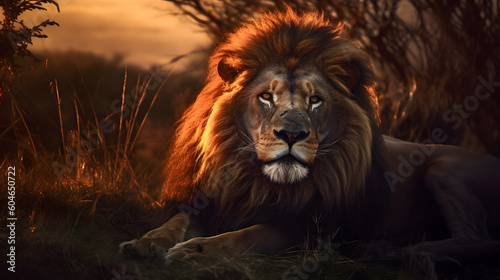 Animal Power - Creative and wonderful full body picture of a male lion lying  in the steppes of Africa that is as true to the original and photo-like as possible